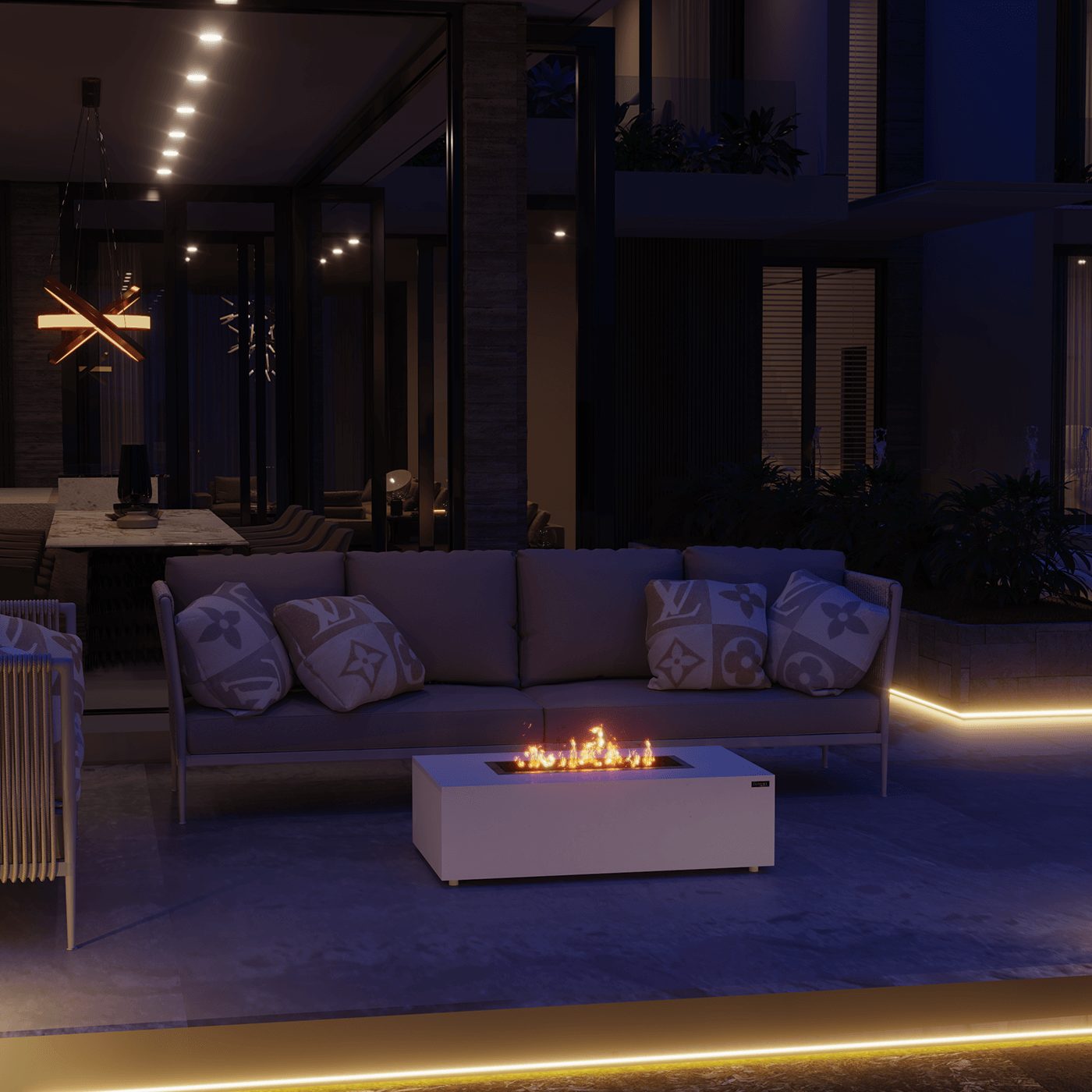 Gas Fire Pit - Mirage Fire Pit White - The Luxury Fire Pit Co - Night