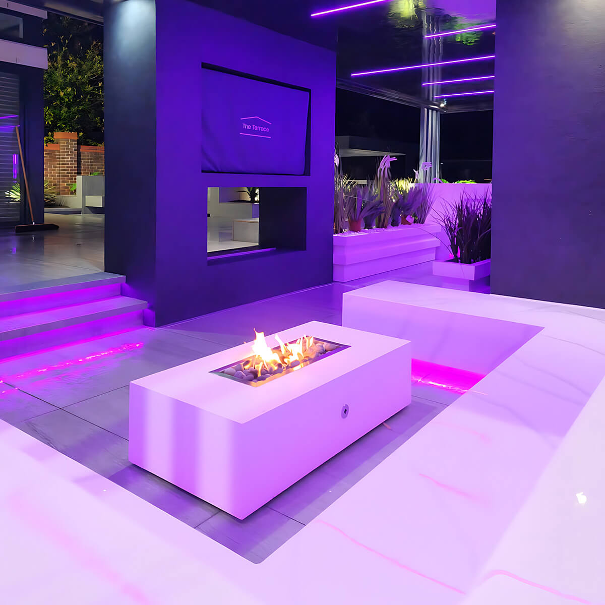 Gas Fire Pit - Mirage White LPG Firepit - The Luxury Fire Pit Co - Mirage Fire Pit Installed Night