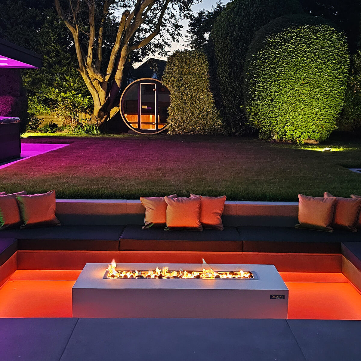 Gas Fire Pit - Mezzo White LPG Firepit - The Luxury Fire Pit Co - Installed Night