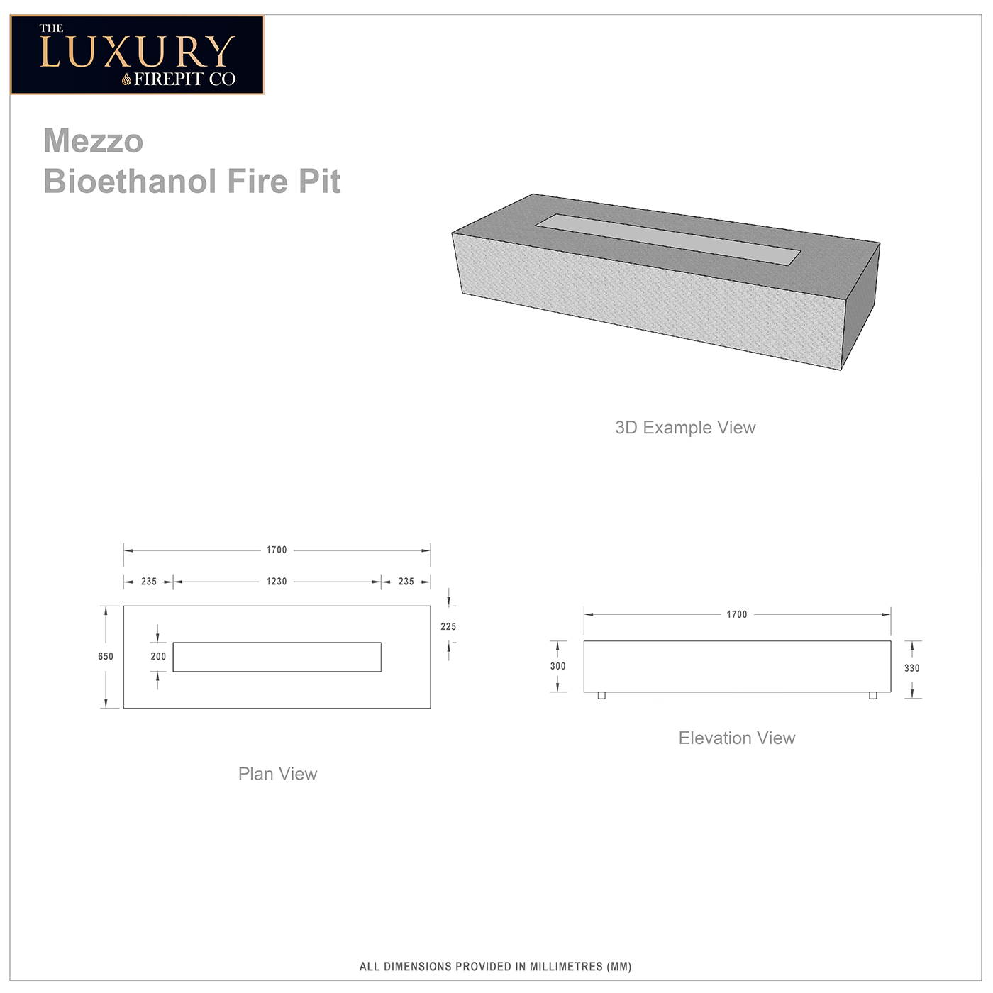 Bioethanol Fire Pit - Mezzo Bioethanol Fire Pit Grey - Tech Drawing