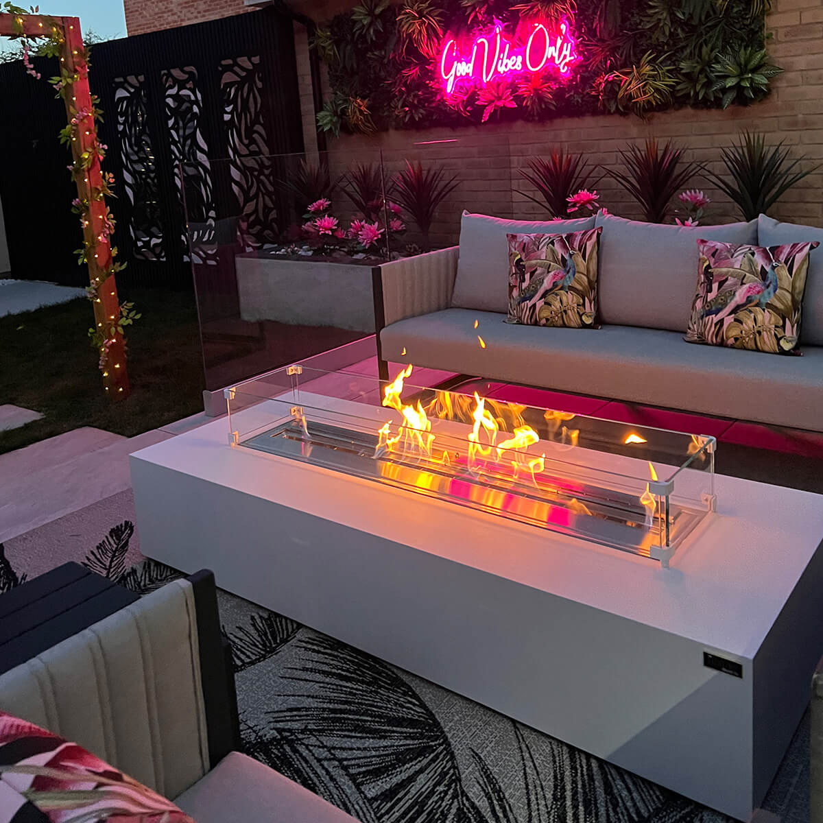 Bioethanol Fire Pit - Mezzo White Bioethanol Firepit - The Luxury Fire Pit Co - Night Time Shot