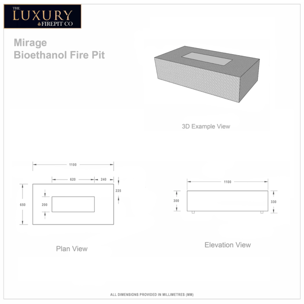 Bioethanol Fire Pit - Mirage Bioethanol Fire Pit Grey - Tech Drawing